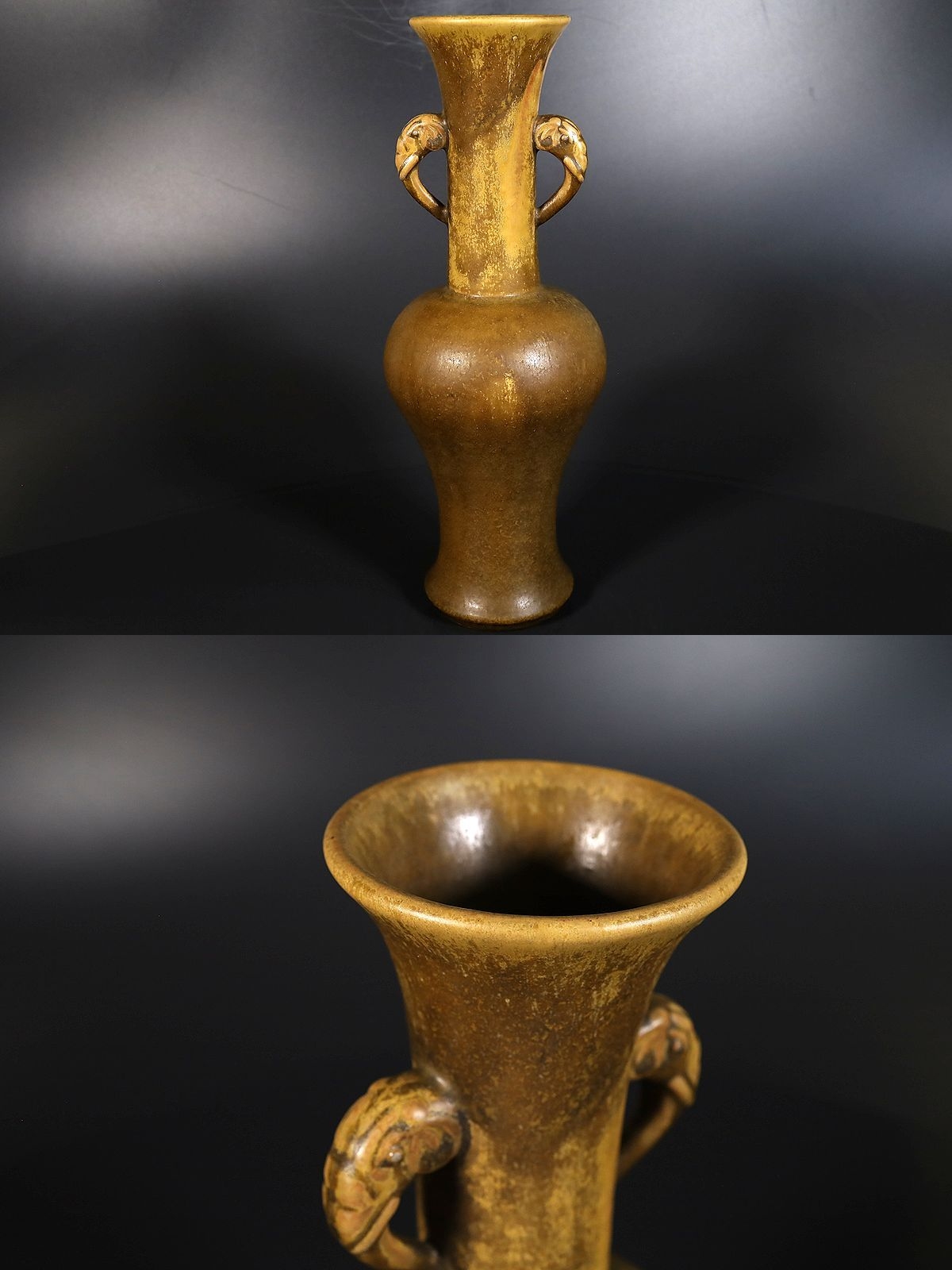 小】3980 中国古美術唐物蕎麦釉象耳花生成化年製花瓶茶葉釉時代箱有-明 