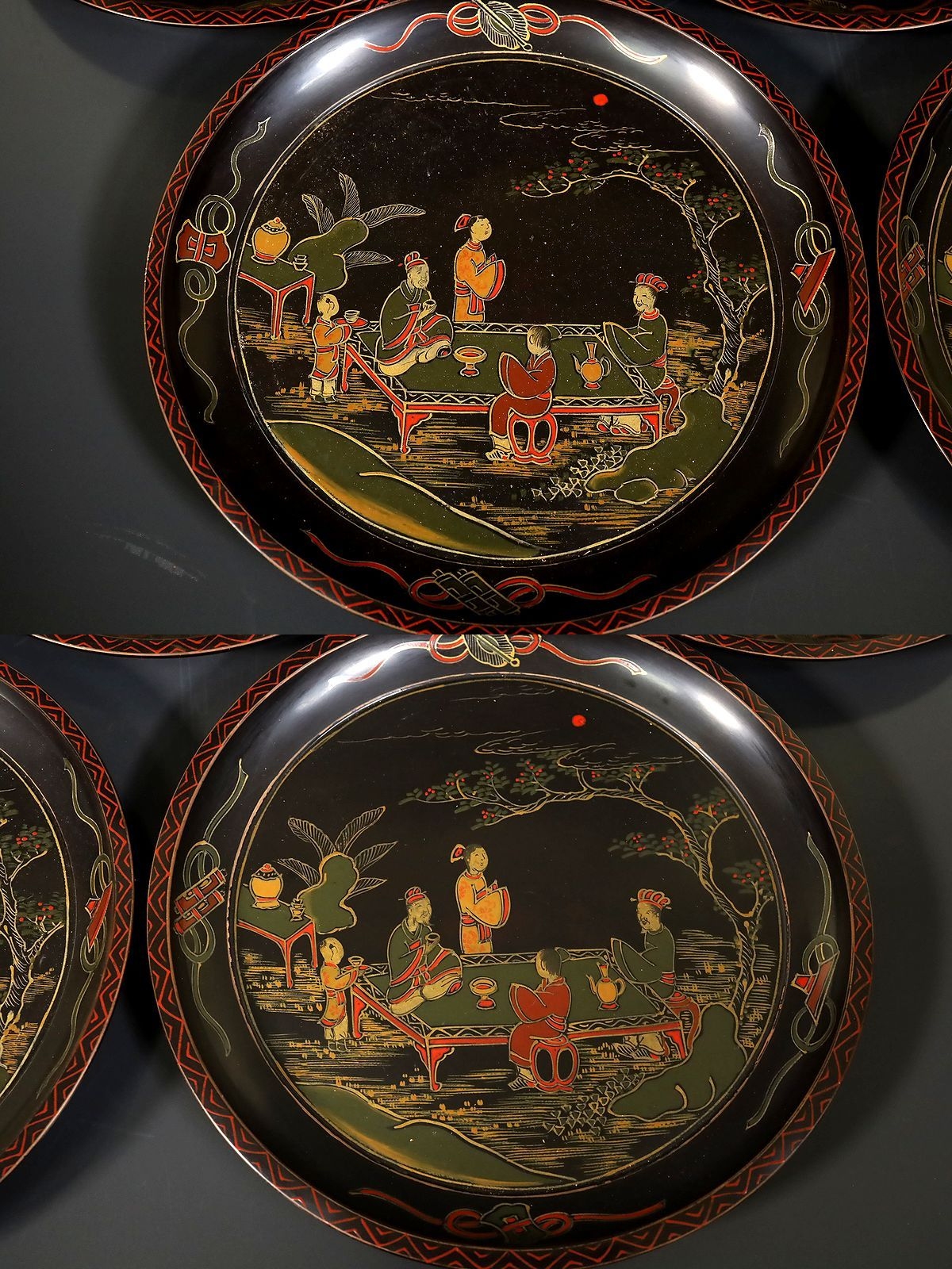 小】4067 中国古美術唐物蒔絵人物文丸盆五枚丸皿時代箱有茶道具琉球 