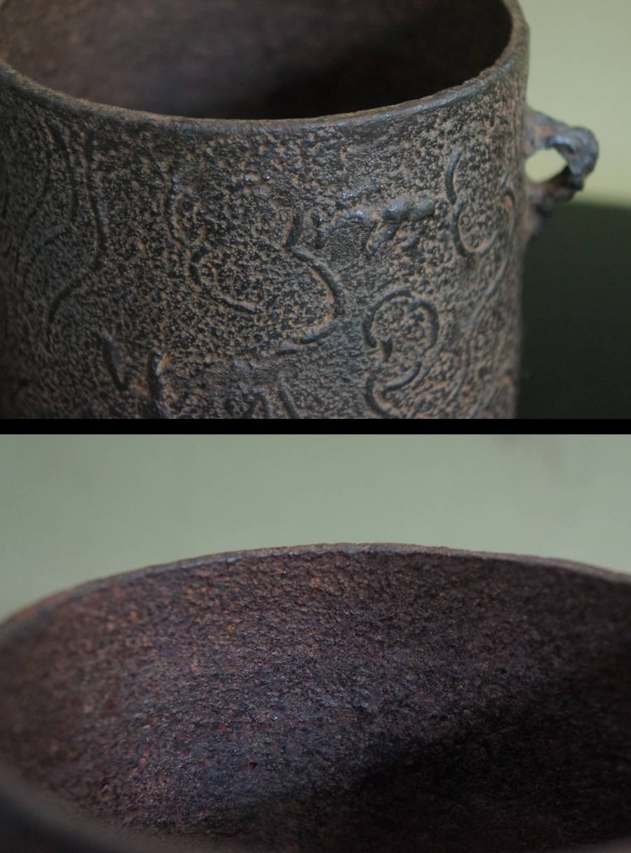 鉄製 茶釜 彫刻模様付き　雲龍釜 鉄製 茶釜 彫刻模様付き 雲龍釜 美術品・アンティーク・コレクション